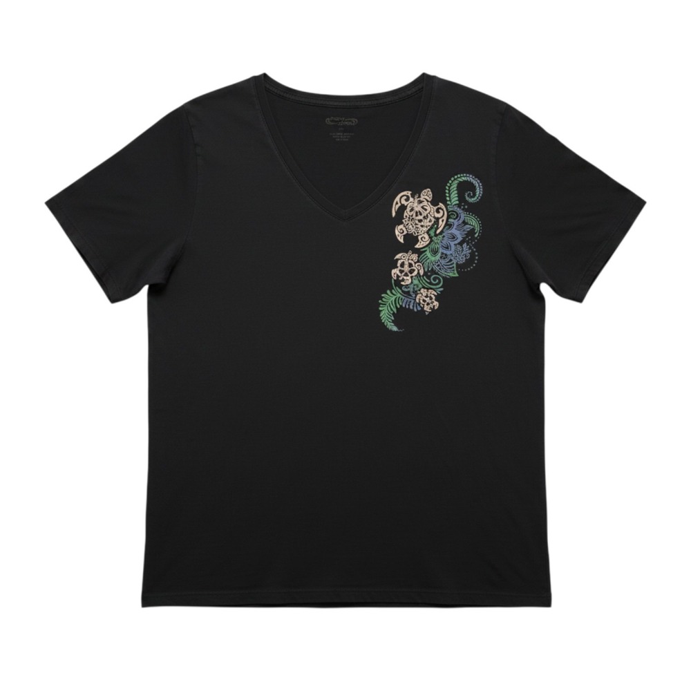 Crazy Shirts Hawaii Shirt Womens XXL Black Honu Current Turtle Floral V Neck